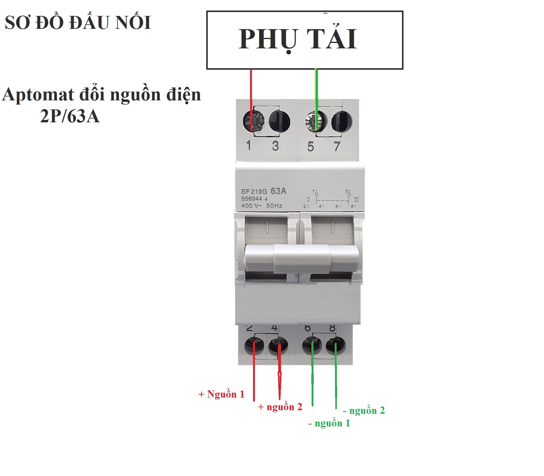 Cầu dao đảo chiều Aptomat chuyển đổi 2 nguồn điện 2P 63A