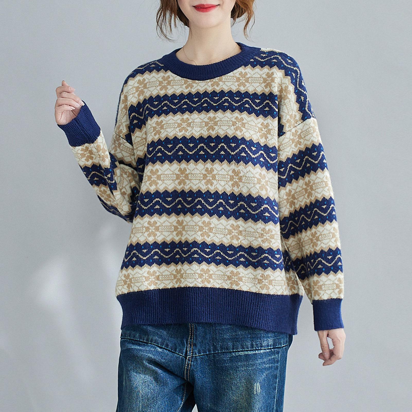 Women Warm Sweater Knitted Stripe O Neck Long Sleeve Drop Shoulder Pullover Sweatshirt Casual Loose Winter Blouse