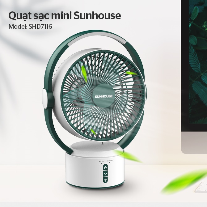 Quạt sạc tích điện SUNHOUSE SH7116, quạt mini để bàn kiêm đèn ngủ, 3 mức gió siêu mát - Hàng chính hãng