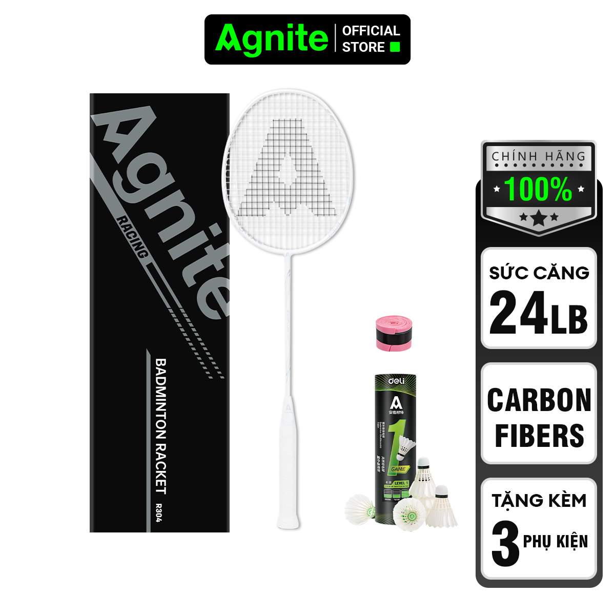Vợt cầu lông đơn cao cấp Agnite, sợi CARBON, khớp nối liền siêu bền nhẹ tặng kèm 3 phụ kiện - ER304
