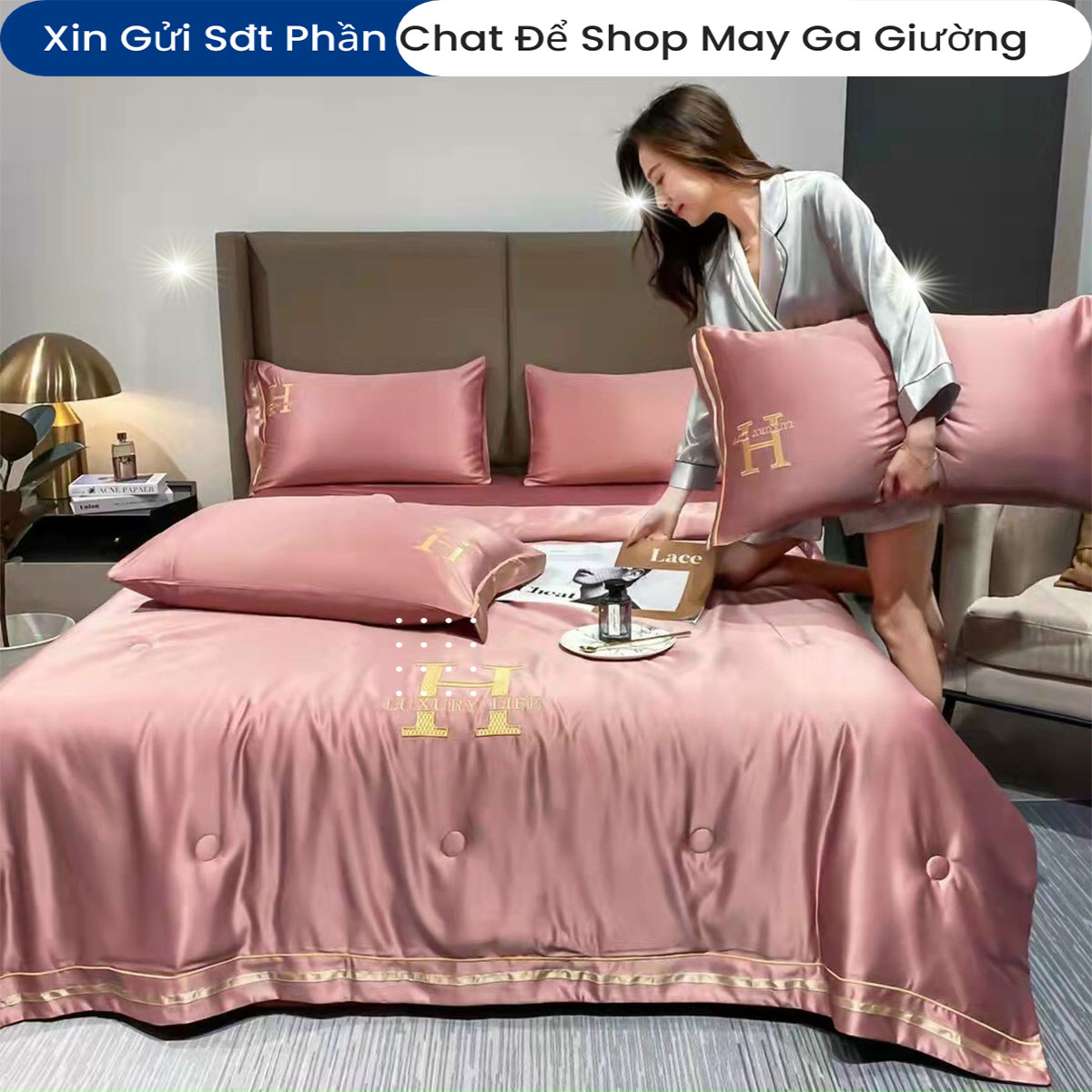 Bộ Chăn Ga Gối Nệm Đệm 5 Món Phi Lụa Chữ H Luxury Cao Cấp Bo Chun Drap Giường Chăn Chần Bông