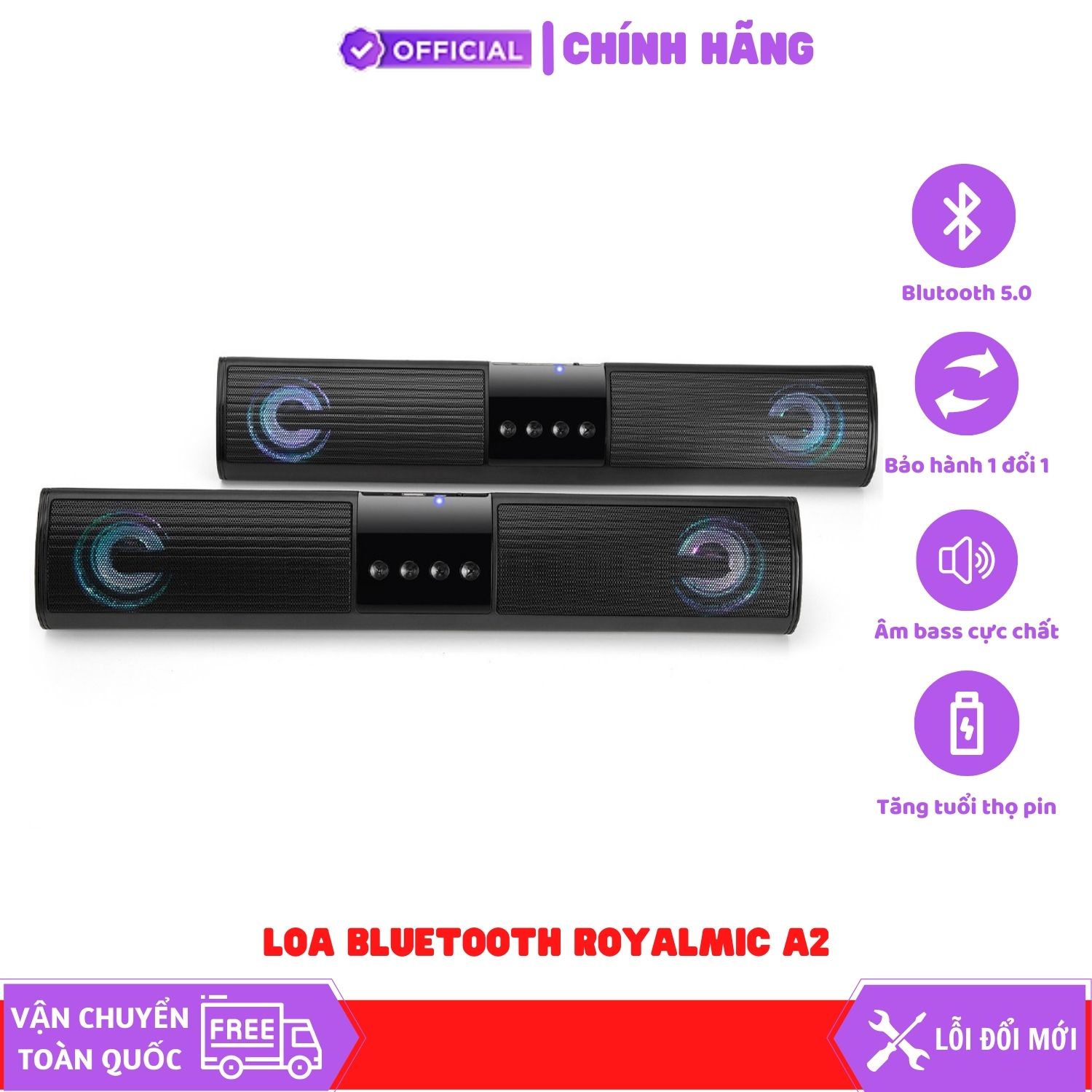 Loa bluetooth speaker ROYALMIC A2 dáng dài 2 loa cực đỉnh –  Kiểu dáng sang trọng hỗ trợ thẻ nhớ, đài FM - Hàng chính hãng