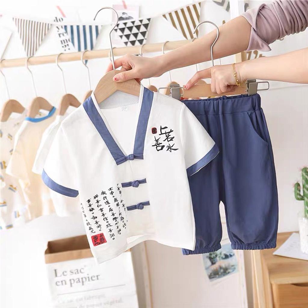 Bộ Cộc Tay Cổ Tàu Phong Cách Cho Bé, Bộ Cộc Tay Chất Cotton Đũi Cho Bé Từ 7 - 27kg - Rosy Kids