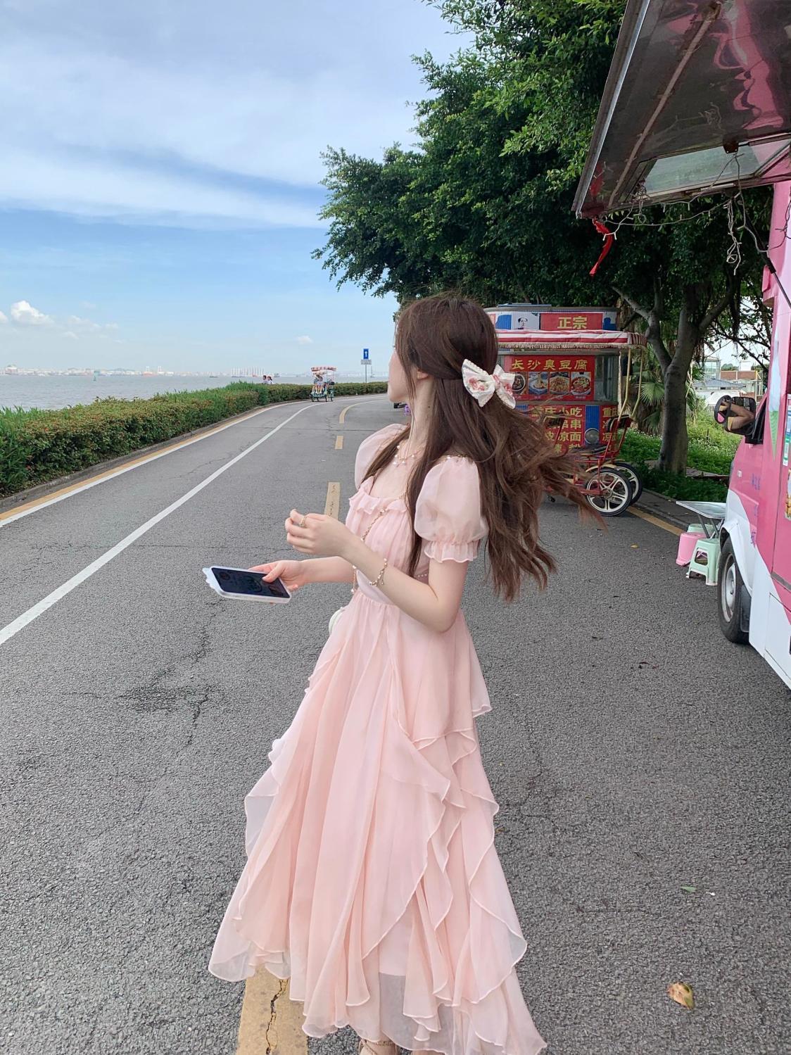 SHUANGYAN Phong cách Pháp cổ vuông nhẹ nhàng Fairy Wind Dress cho phụ nữ mùa hè 2023 Thắt lưng cho phụ nữ