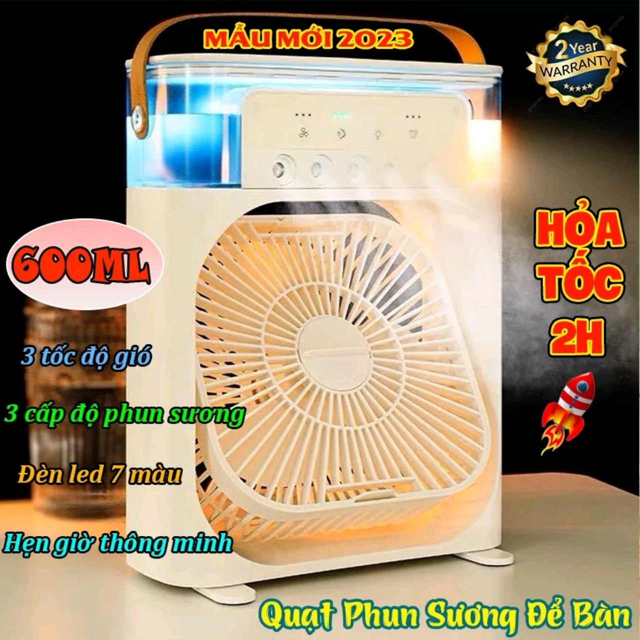 (Gíá Tốt) Quạt điều hòa mini, Quạt làm mát phun suong cao câp để bàn mẫu mới có đèn led 5 vòi phun