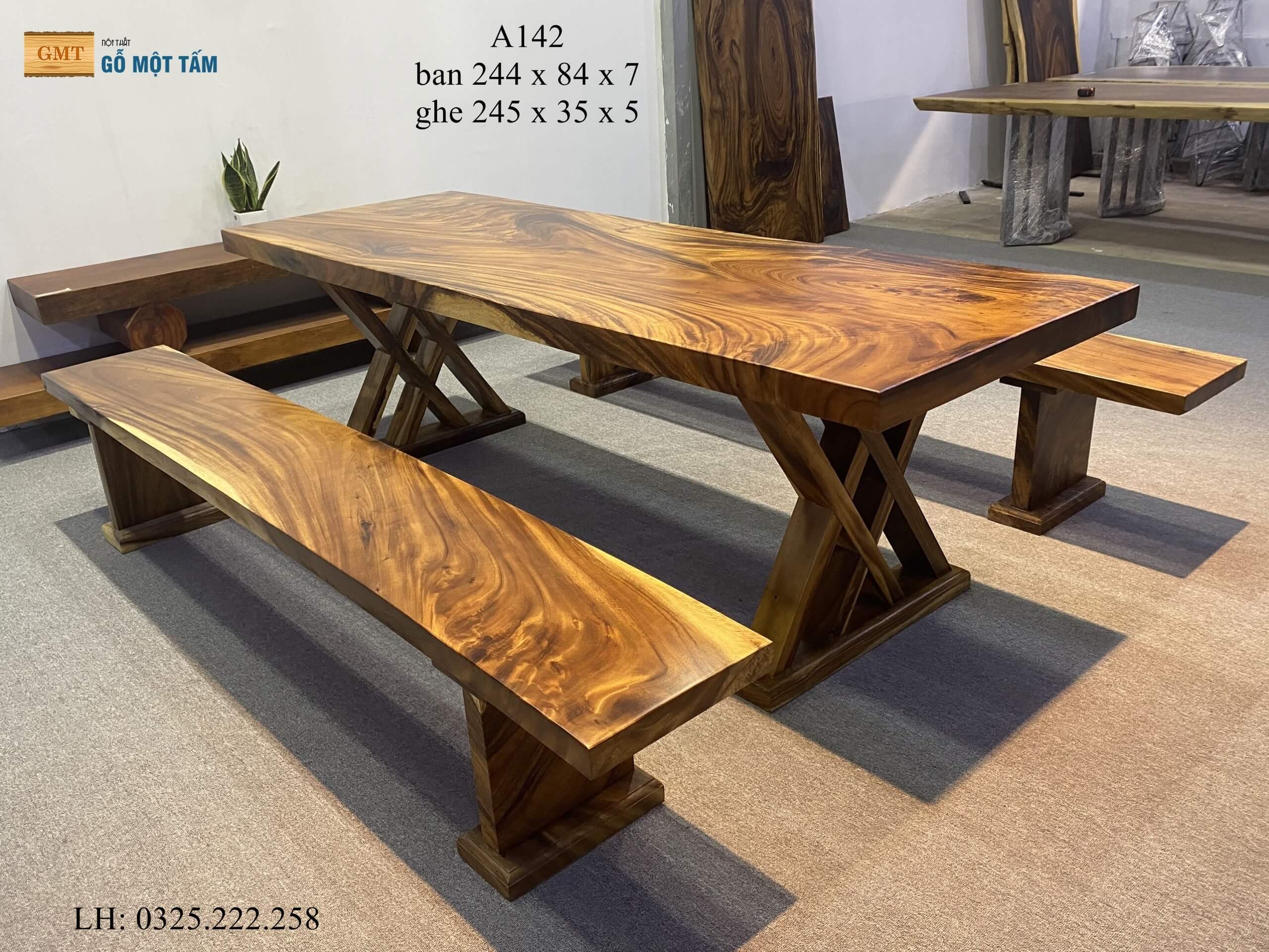 Bàn Cafe Gỗ Me Tây, Bàn Làm Việc Gỗ Me Tây, Bàn Gỗ Me Tây Nguyên Tấm Dài 2,44m Rộng 84cm Dày 7cm