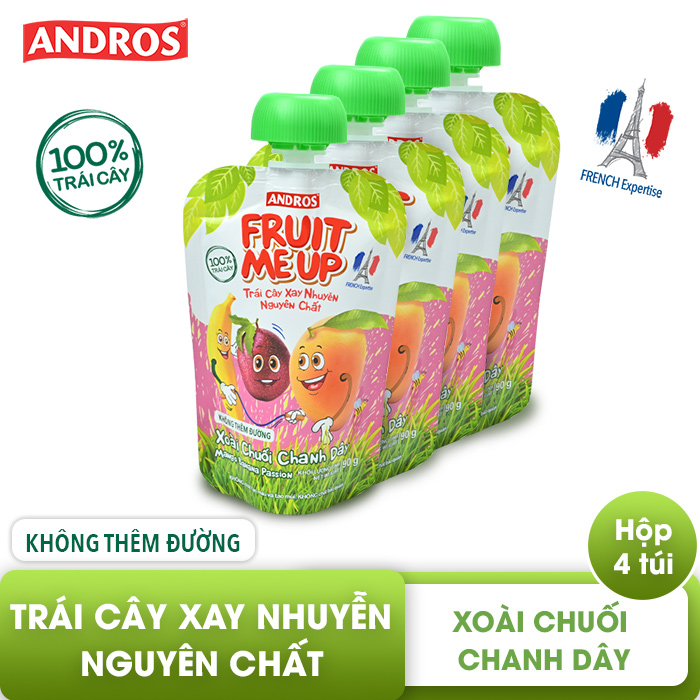 Trái Cây Xay Nhuyễn Nguyên Chất Andros Fruit Me Up  - Xoài Chuối Chanh Dây - Hộp 4 Túi (90g x 4)