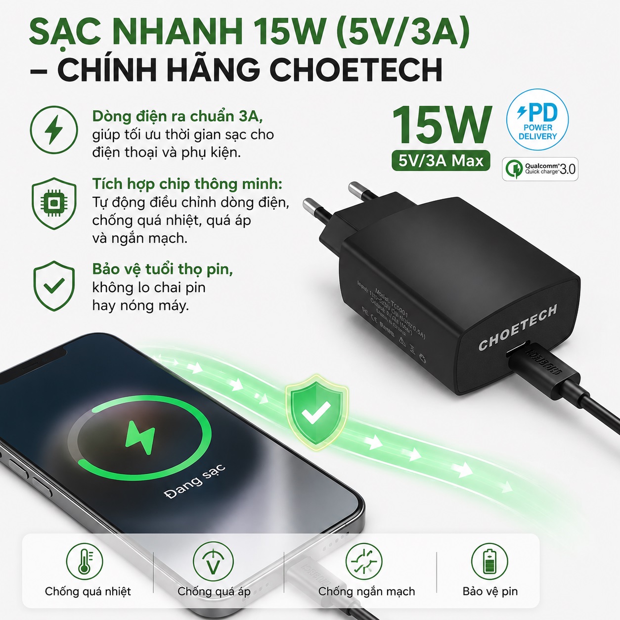 Bộ Củ Sạc Nhanh CHOETECH TC001 PD 3.0 15W Type-C | Tặng Cáp Type-C Sạc Nhanh An Toàn Pin Chip IC Thông Minh Cho iPhone Samsung Xiaomi OPPO Vivo cho iPad Tai Nghe Pin Dự Phòng - Hàng nhập khẩu