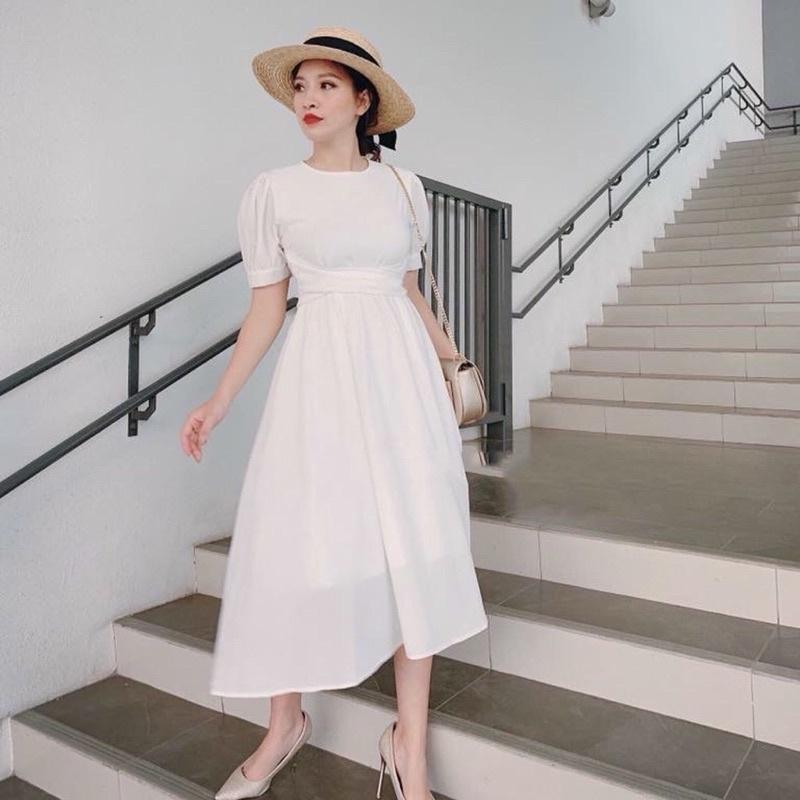 Đầm trắng cổ tròn chéo eo