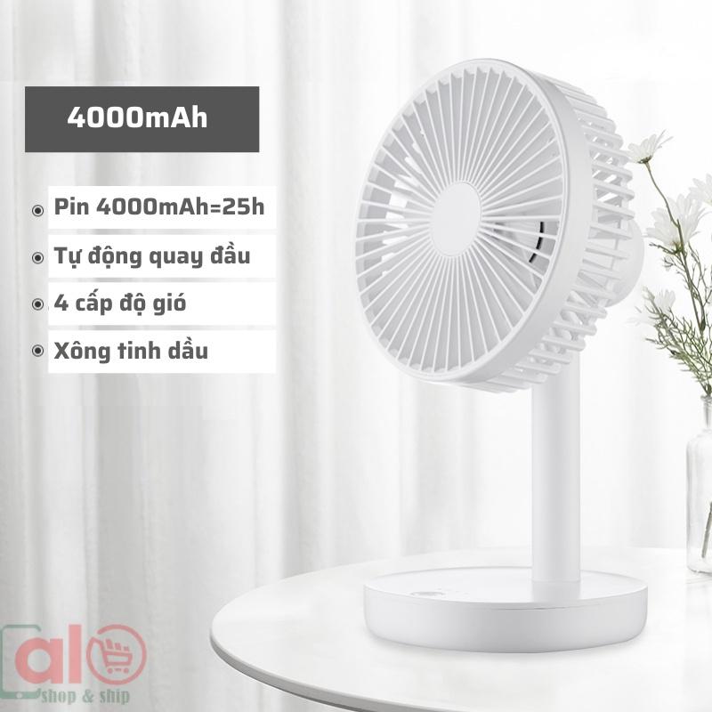 Quạt Mini Tích Điện Để Bàn Pin Siêu Bền 10000mA = 64h Xông Tinh Dầu Tự Động Quay Trái Phải đường kính 16cm