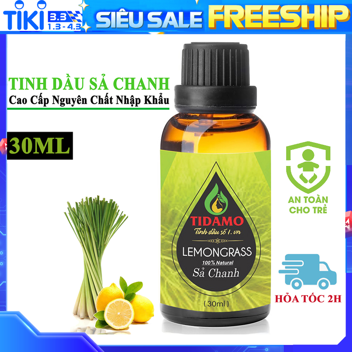 Tinh Dầu Sả Chanh Nguyên Chất Cao Cấp 30ML. Tinh Dầu Xông Phòng Sả Chanh TIDAMO (Lemongrass) Giúp Thanh Lọc Không Khí, Khử Mùi, Kháng Khuẩn, Đuổi Muỗi, Giải Cảm, Làm Đẹp