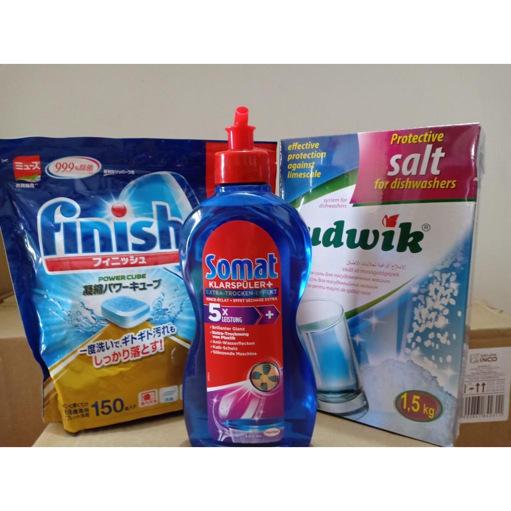 Combo Viên rửa bát Finish túi 150 viên + Muối làm mềm nước Ludwik 1,5kg. Tặng que thử nước cứng