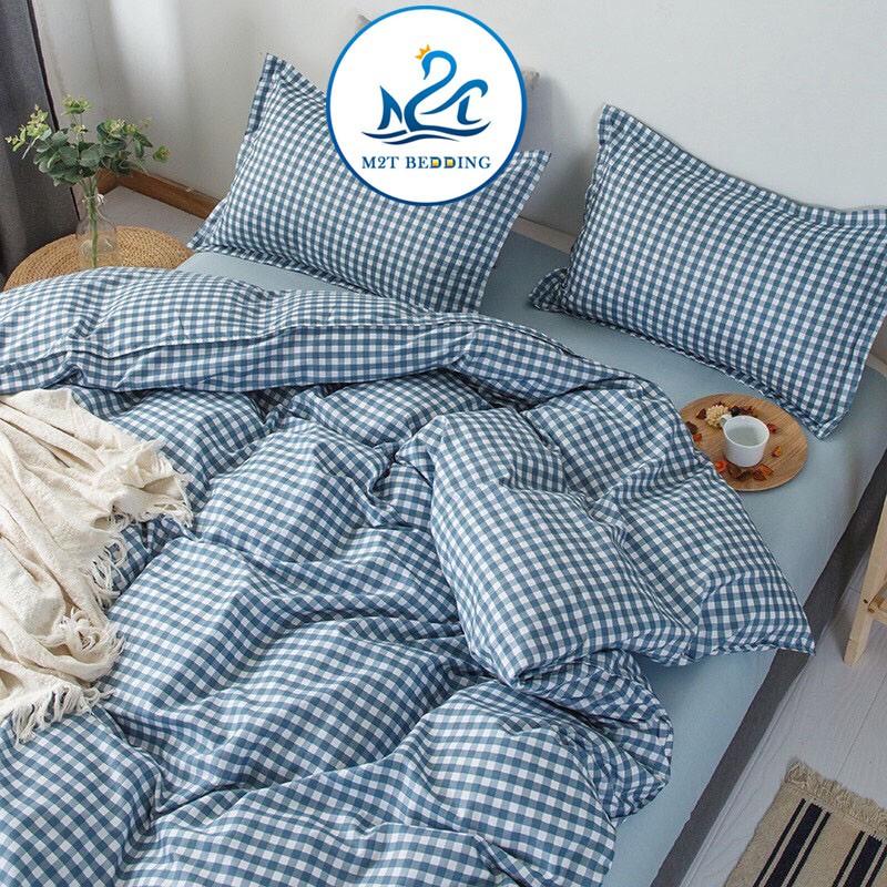 Bộ chăn ga gối Cotton poly M2T bedding Caro xanh nhỏ, vỏ chăn mền, drap giường và 2 vỏ gối