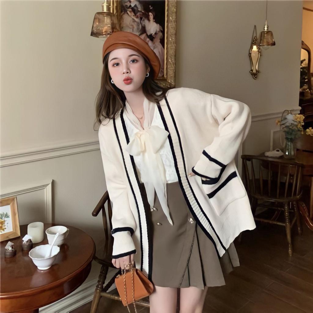 Áo Khoác Cardigan Len Nữ Chạy Sọc Túi Trước Dáng Dài Cúc Cài