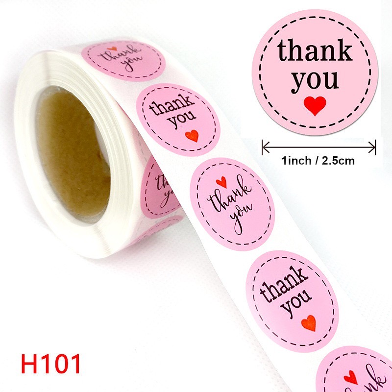 Cuộn 500 tem Sticker Thank you in màu tự dính - Tem cảm ơn siêu dễ thương nền Hồng đứt khúc