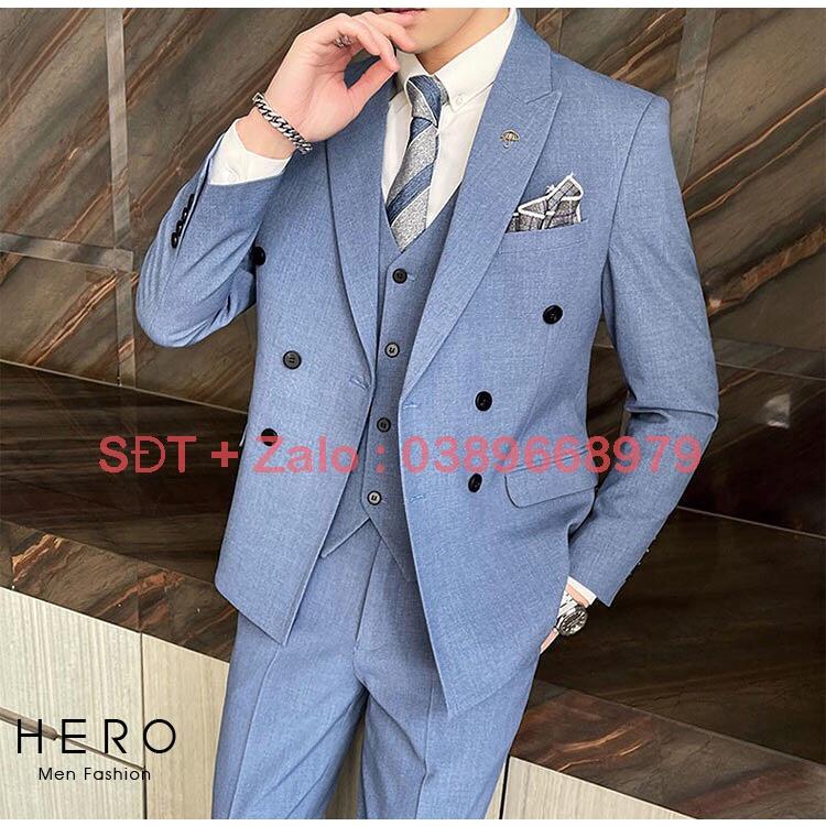 Bộ Vest Nam Cao Cấp 6 khuy màu Xanh Ngọc, Bộ suit nam 6 cúc chất vải xịn