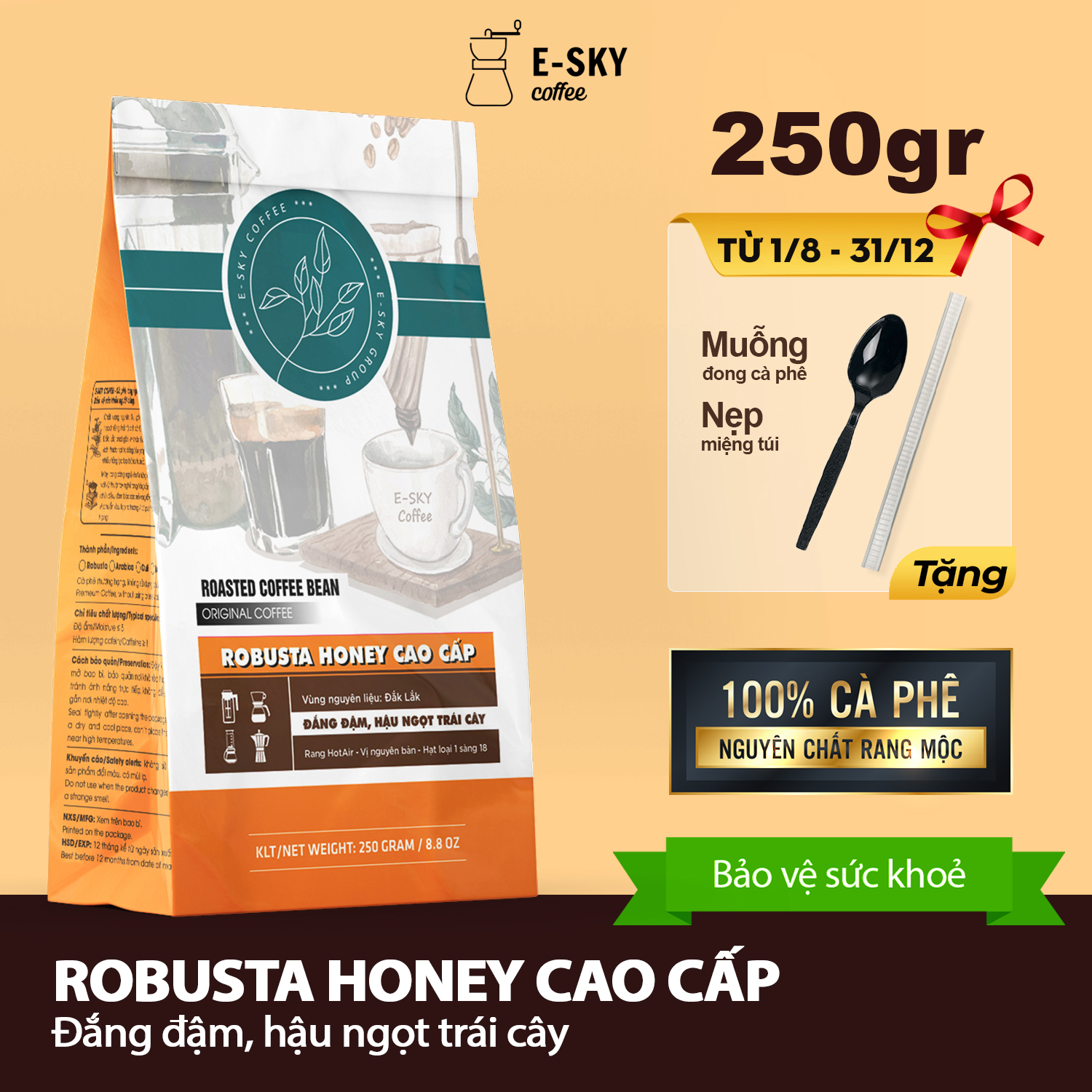 Cà Phê Rang Xay Nguyên Chất Robusta Honey E-SKY Coffee Cafe Pha Phin Pha Máy Cold Brew 250g-500g