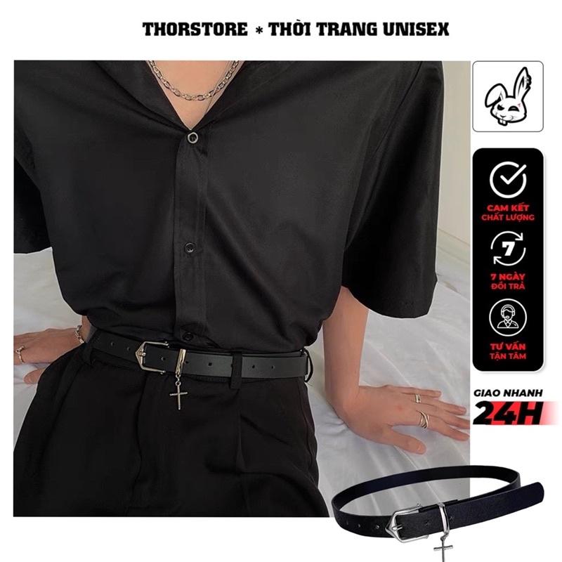 Thắt lưng da unisex,thiết kế mặt thánh giá trơn