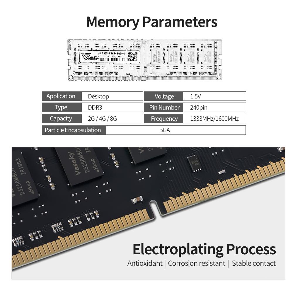 Bộ nhớ Vaseky 2G DDR3 1333 / 2G tốc độ cao Đọc / ghi không ồn ào để bàn 