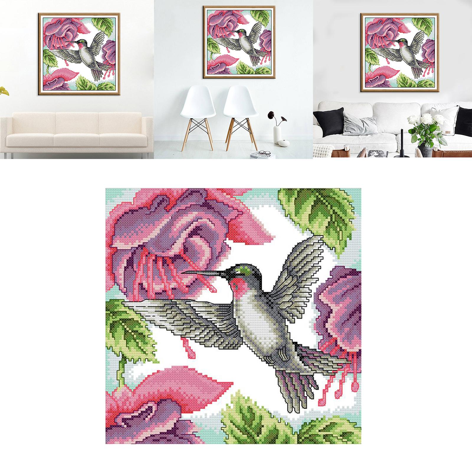 Stamped Cross Stitch Kits for Beginners, Preprinted Cross Stitch Kits Hummingbird Flowers, DIY Embroidery Kit Gifts for Women/Mom