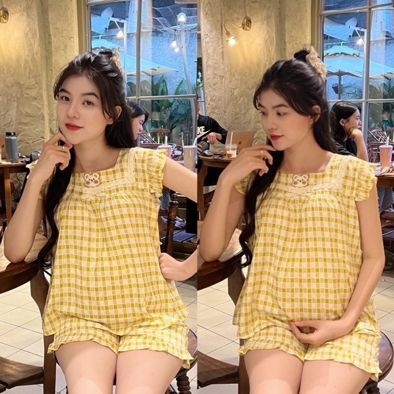 Đồ bộ bầu Đùi Tay Bèo vải tôn 2 da mềm mát quần có chun điều chỉnh - Vàng