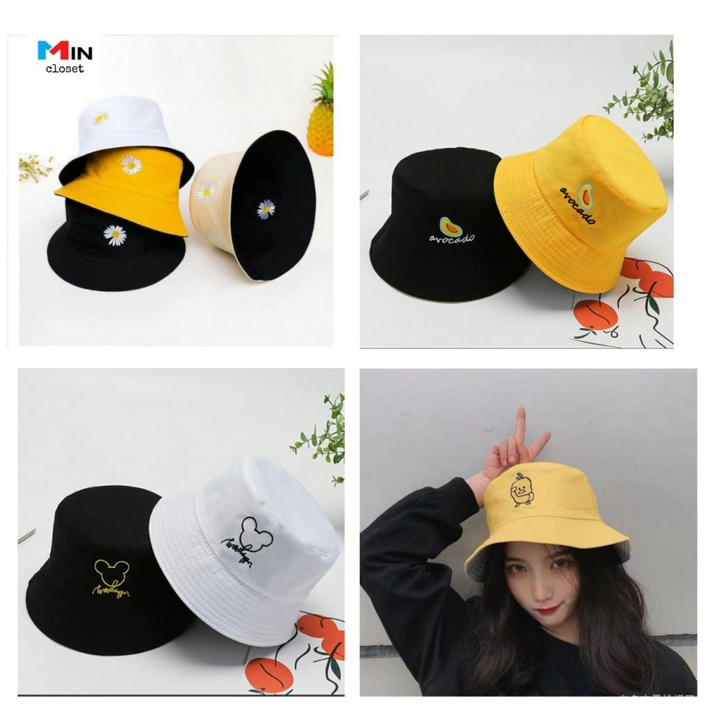 Mũ Bucket nữ   Mũ vành tròn thêu 2 mặt phong cách Ulzang Unisex