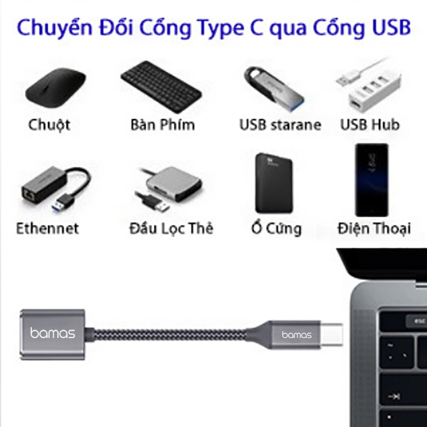 Cáp OTG Type C Bamas BC022 - Bộ Chuyển Đổi Usb Sang Type C  Usb 3.0 -Truyền Tải Dữ Liệu Siêu Tốc Lên Đến 5Gbps - Hàng Chính Hãng