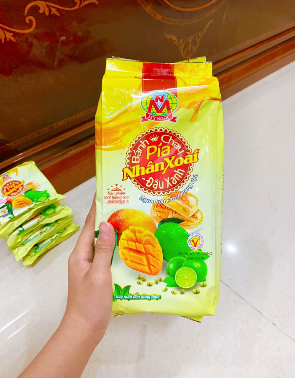 400g Bánh pía CHAY nhân XOÀI chín CHANH tươi ĐẬU xanh MỸ NGỌC [ không có SẦU RIÊNG &amp; không có TRỨNG MUỐI ]