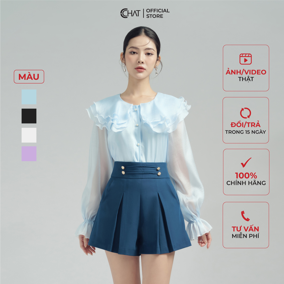 Áo Sơ Mi Nữ  Kiểu Cổ Bèo Tầng Dáng Suông Chất Voan Mềm Mại 53FDV2001ST