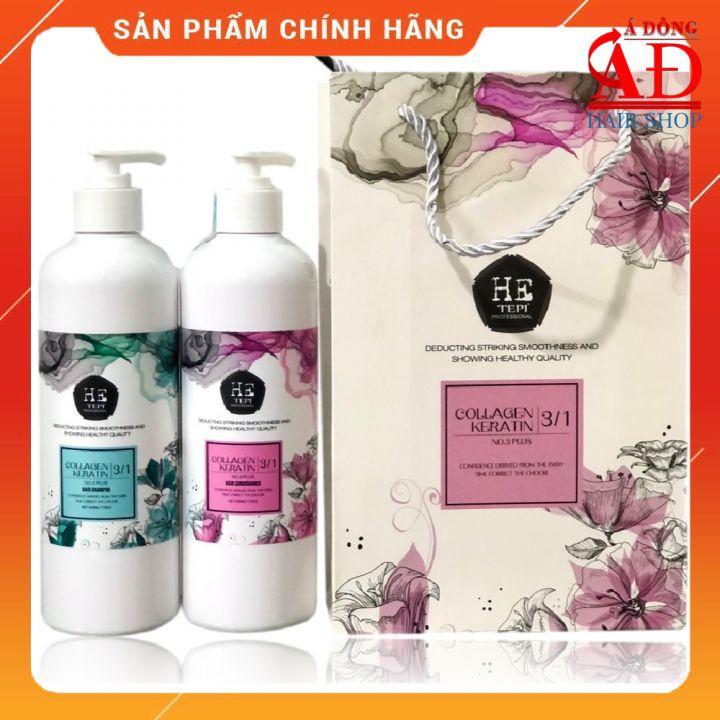 Bộ dầu gội xả HE TEPI Collagen Keratin No3 siêu mượt phục hồi tóc 3 in 1 500mlx2