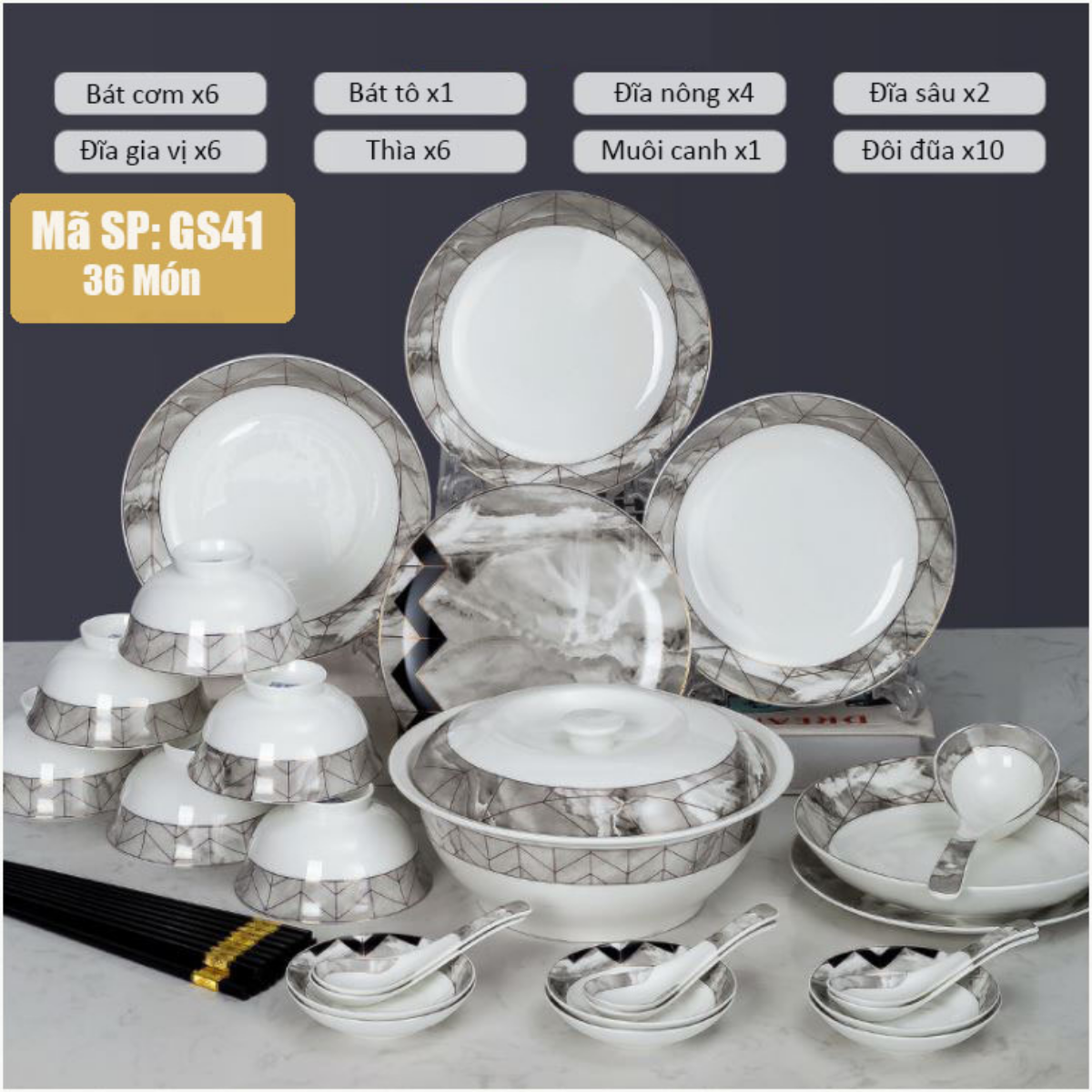 Bộ bát đĩa SỨ XƯƠNG cao cấp, Bộ bát ăn cơm cho 6-10 người - Gồm 36-56 món họa tiết hiện đại sang trọng GS41