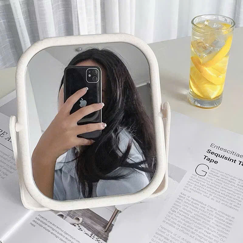 Gương trang điểm lúa mạch để bàn, gương hai mặt xoay 360 độ tiện lợi