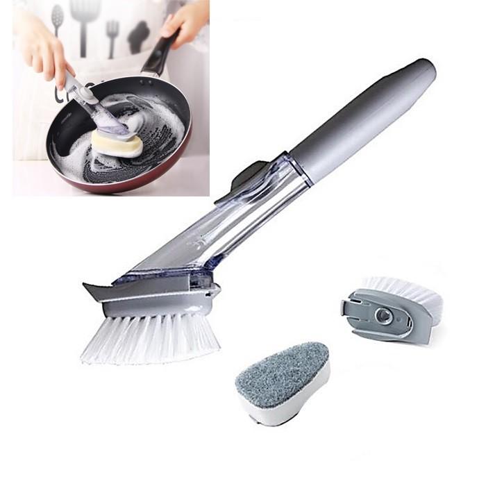 Cọ rửa chén bát đa năng có tay cầm dài tiện lợi 1 đầu chải và miếng bọt biển