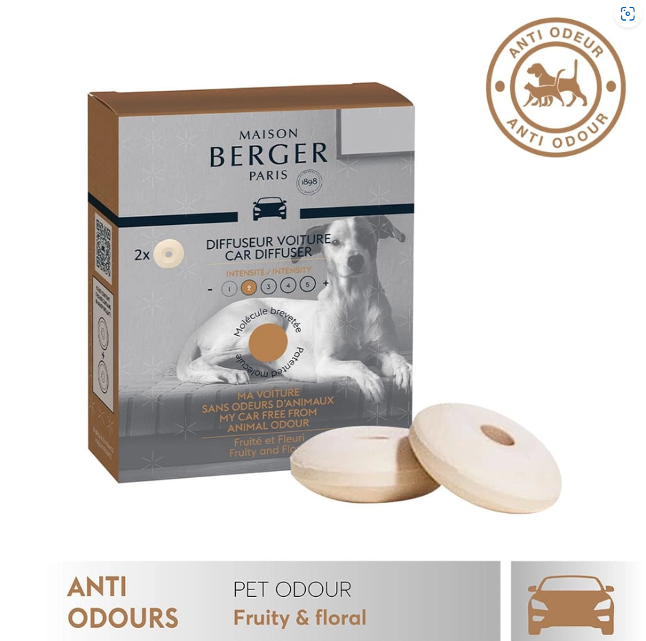 Maison Berger - Bộ tinh dầu xe hơi, khử mùi thú cưng hương Fruity &amp; Floral - 2 cái