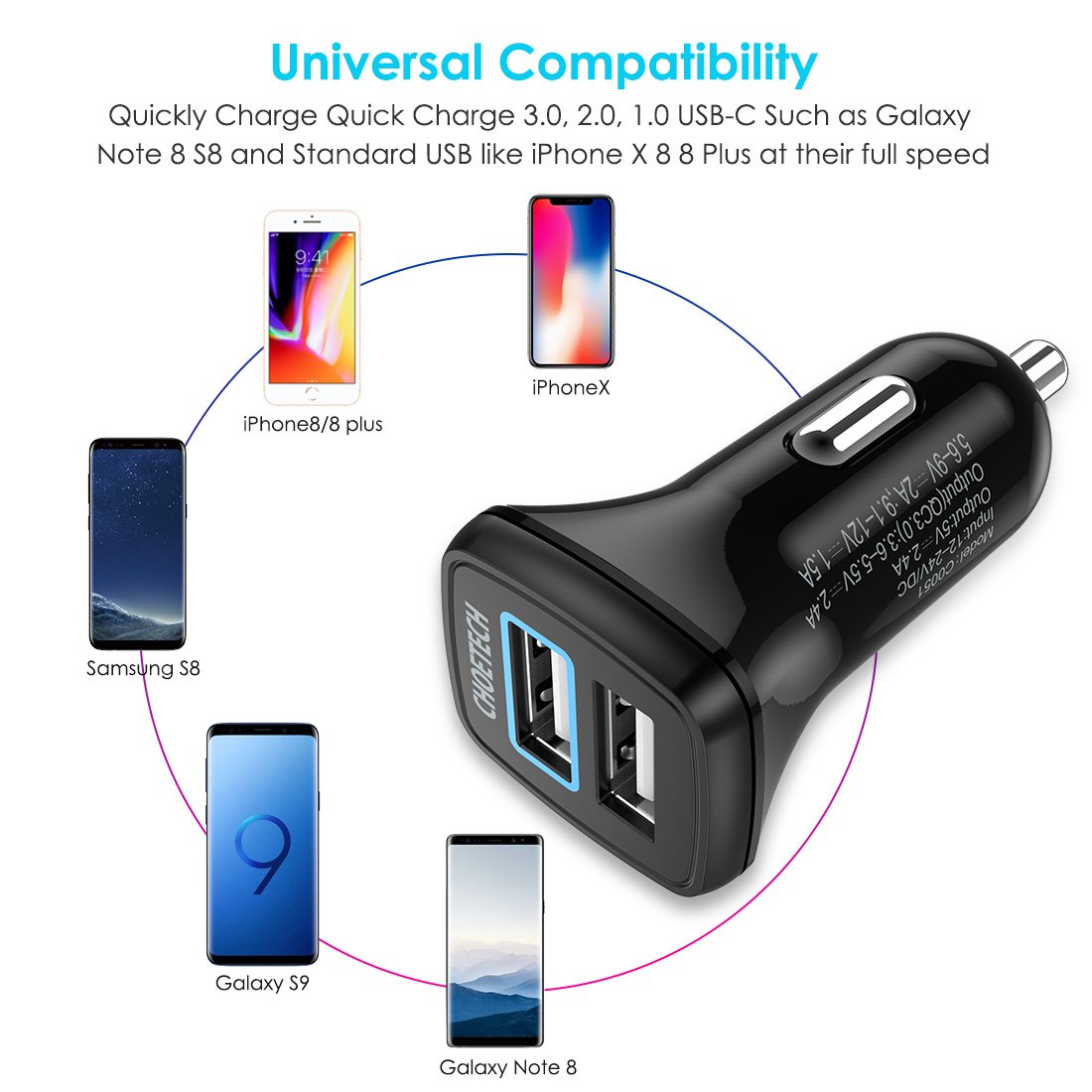 Tẩu củ sạc nhanh 30W QC Qualcomm 3.0 đa năng dành cho xe hơi ô tô 2 cổng USB hiệu CHOETECH HPK-C0051 - Hàng chính hãng