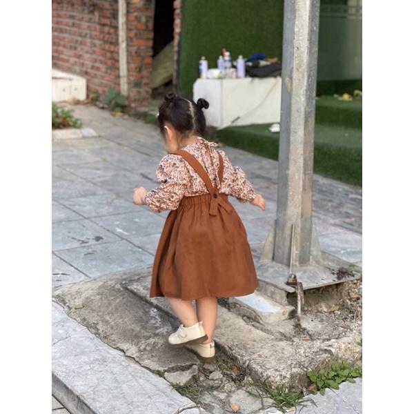 Váy yếm bé gái sét 2 chi tiết LINA KIDS- yếm nhung áo hoa váy thu đông dài tay