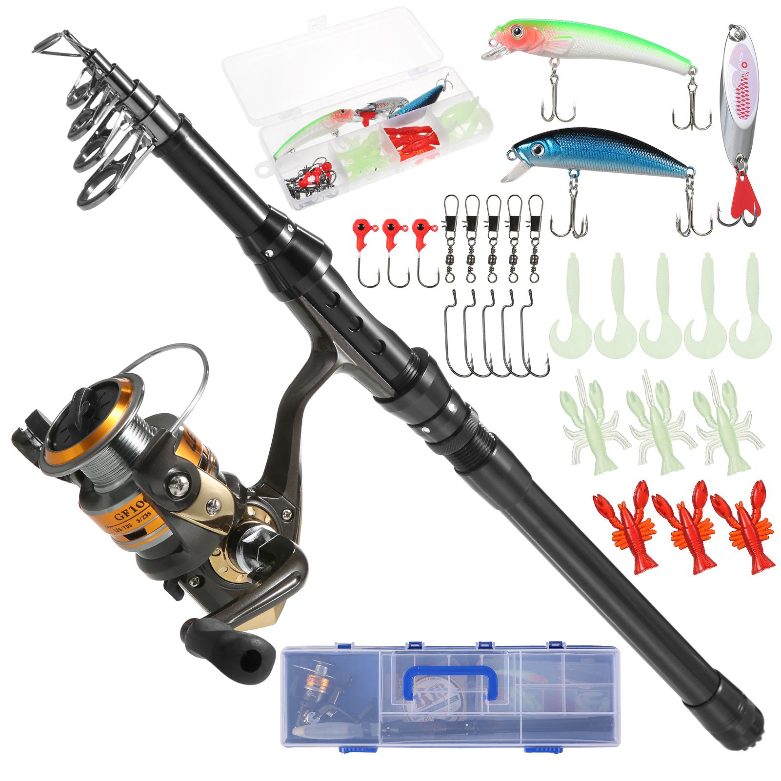 Fishing Rod and Reel Combos Telescopic Fishing Pole with Spinning Reel Combo Kit Fishing Line Lures Hooks Swivels Set Fishing Accessories with Tackle Box