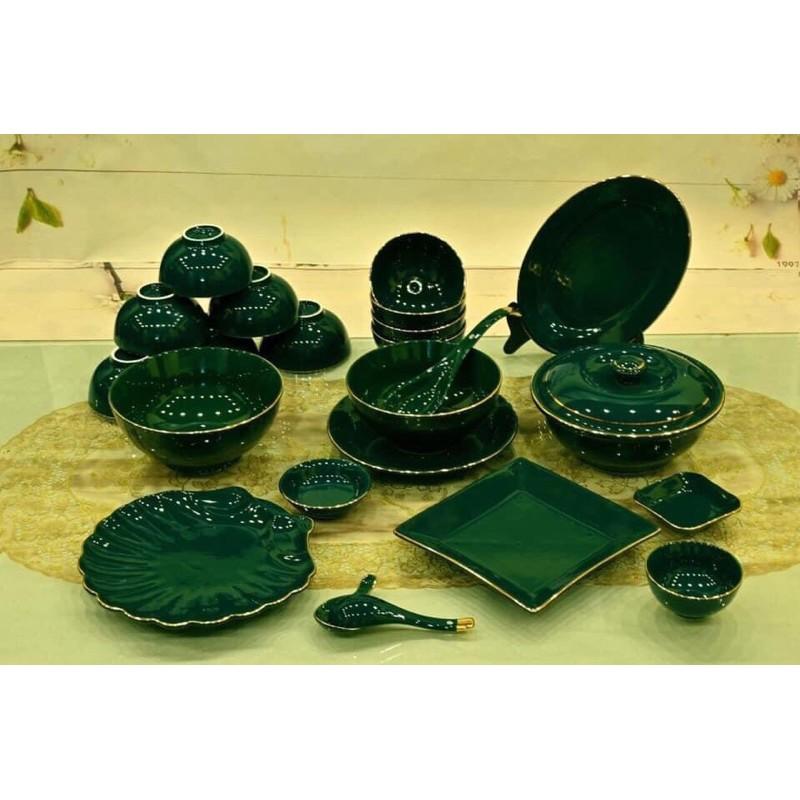 Bộ bát đĩa men khử, xanh cổ vịt. Gốm Bát Tràng cao cấp.