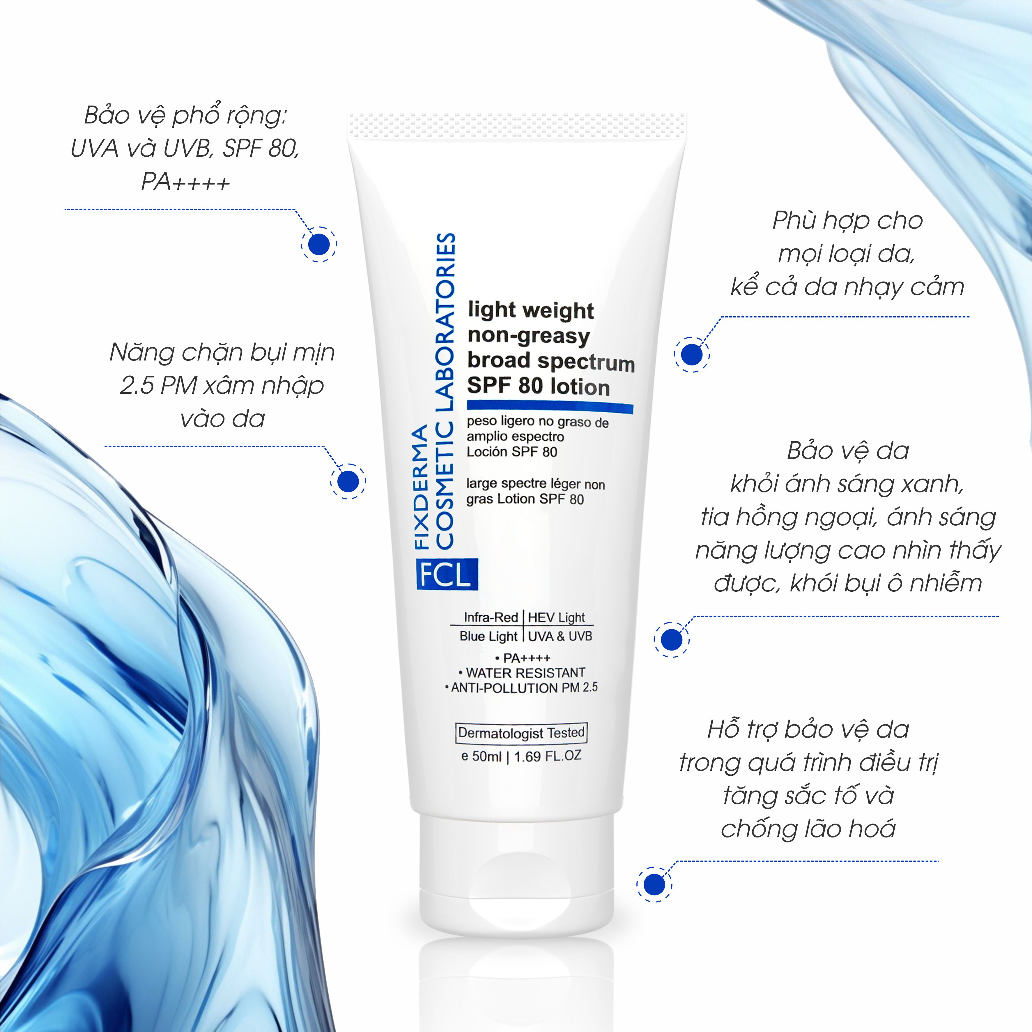 Kem Chống Nắng Phổ Rộng, Chống Bụi Mịn FCL Light Weight Non-Greasy Broad Spectrum SPF 80 Lotion 50ml