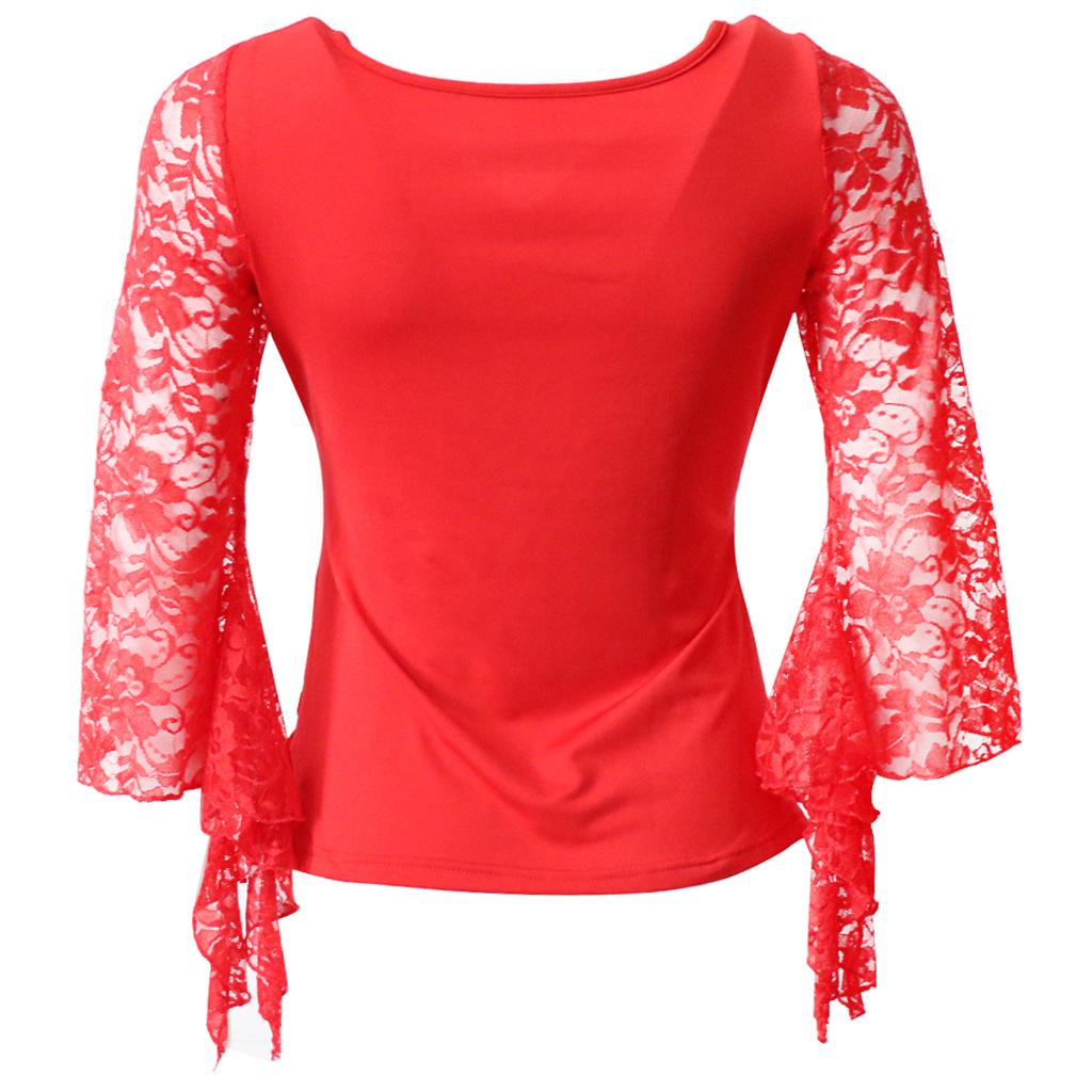 Ballroom Flamenco Latin Dance Blouse Square Dance V Neck Lace Sleeve Tops Women Dancewear Costumes