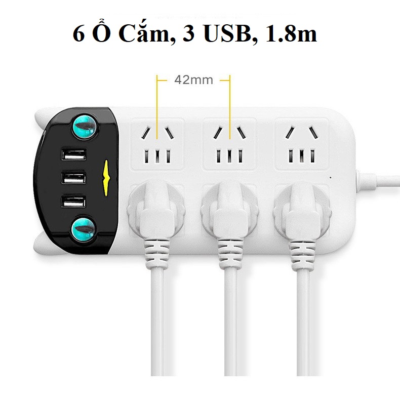 Ổ Cắm Điện Thông Minh Hình Chú Mèo 6 Ổ Cắm 3 USB Dây Điện Dài 180cm Đa Tính Năng Chống Giật Điện Hàng Siêu Cao Cấp, Ổ Điện Chống Cháy Nổ Chịu Được Công Suất Cao