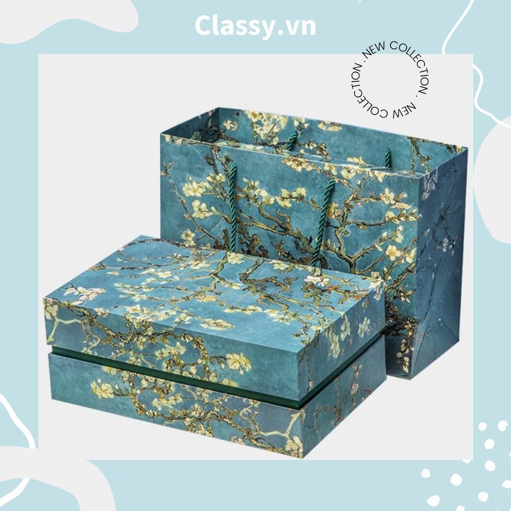 Túi giấy họa tiết hoa tuyết mai Classy màu xanh cớ lớn, làm quà tặng, đựng hoa, đi shopping tiện lợi Q1501