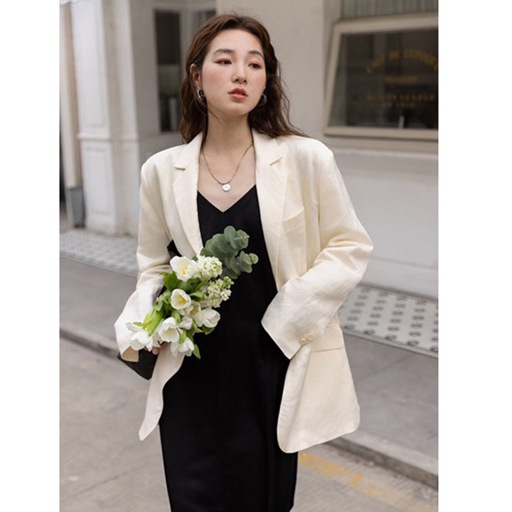 Áo vest, blazer nữ Linen thô Premium form rộng ve vuông túi bổ nắp (Trắng/ Xanh cốm)