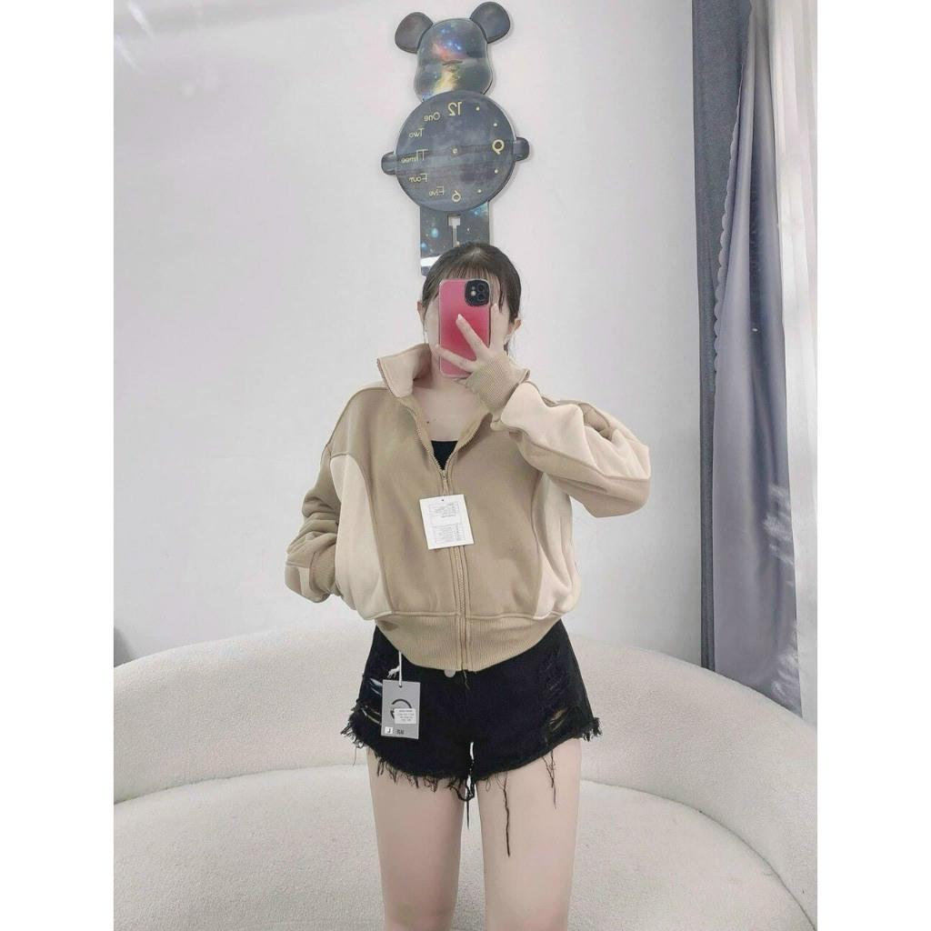 Áo khoác chống nắng nỉ ngoại cổ trụ 4 túi phối trơn đẹp dễ thương-A2098 - Bò Kem