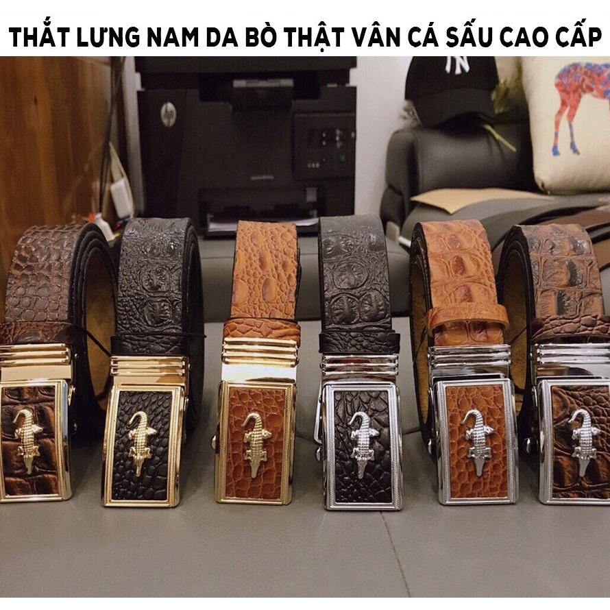 Thắt lưng da bò thật vân cá sấu cao cấp thời trang - Khóa tự động - Màu nâu