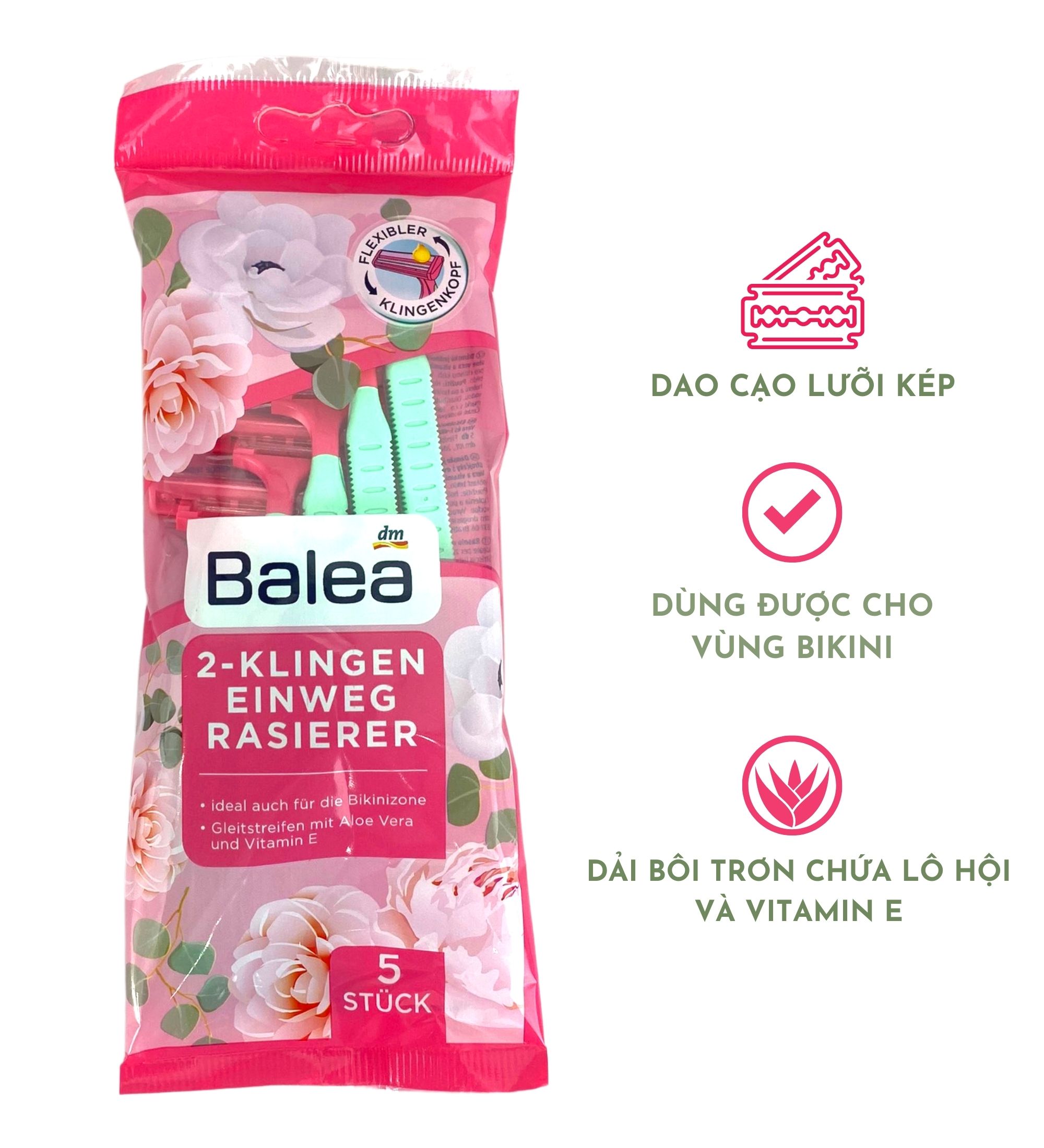 Dao cạo nữ 2 lưỡi dùng 1 lần Balea 2-Klingen Einwegrasierer, 5 cái - hàng nhập khẩu Đức