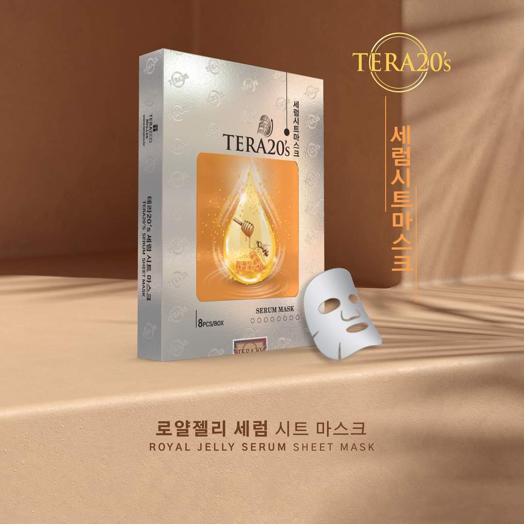 Mặt nạ tinh chất Sữa Ong Chúa TERA20's bổ sung dưỡng chất và độ ẩm cho da, giúp da ẩm mịn, se khít lỗ chân lông và kiểm soát dầu, làm sáng da.