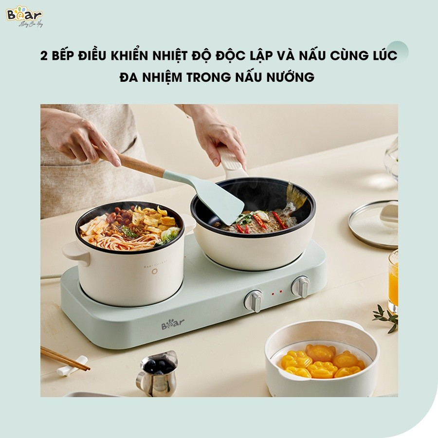 Bếp điện đa năng Bear SB-BD02N - Đi kèm 2 nồi, Điều chỉnh nhiệt độ độc lập - Bản Tiếng Anh - Hàng chính hãng