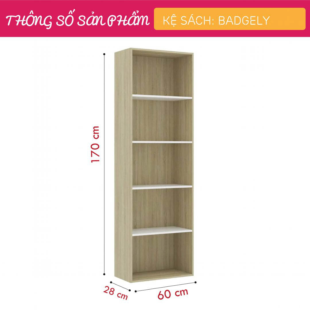 Kệ sách, kệ trang trí gỗ hiện đại SMLIFE Badgely  | Gỗ MDF dày 17mm chống ẩm | D60xR28xC170cm