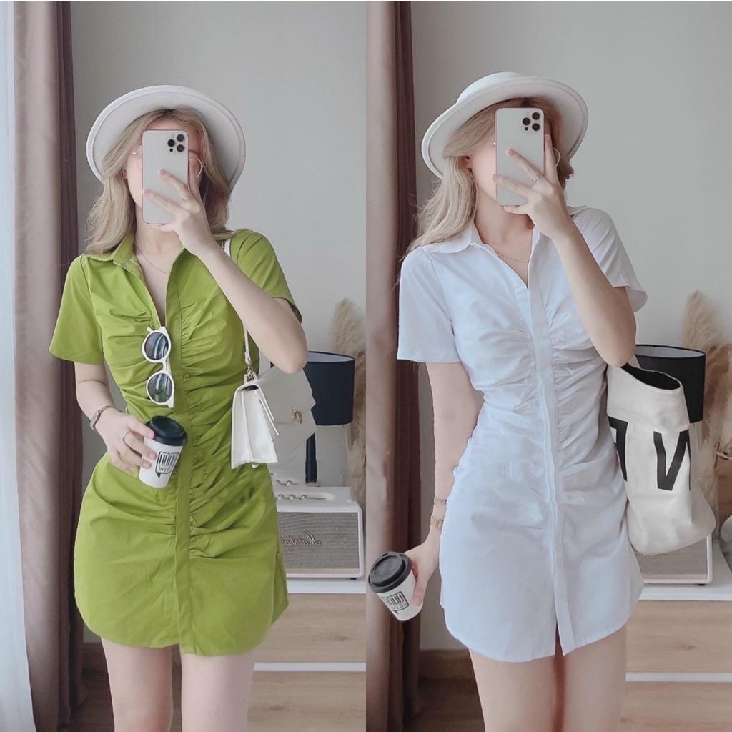 Đầm sơ mi nữ thời trang thiết kế nhún eo cài nút